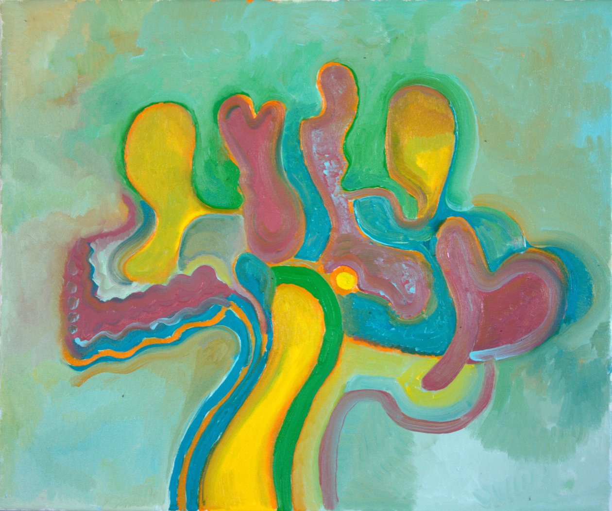 Three Friends gjenforenes etter lang tid, 2009 (olje på lerret) av Jan Groneberg