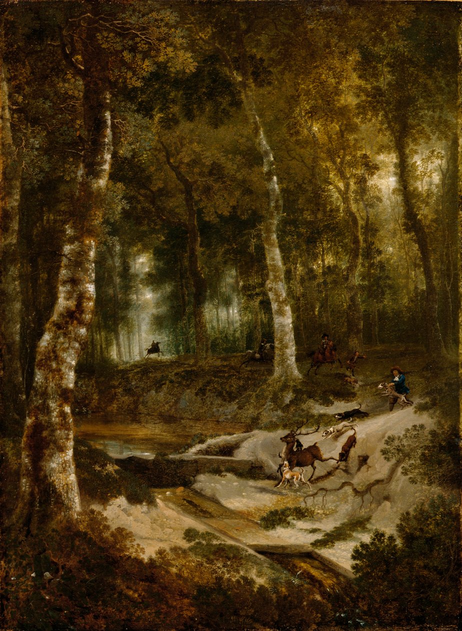 Skoglandskap med hjortejakt, ca.1665 av Jan Hackaert