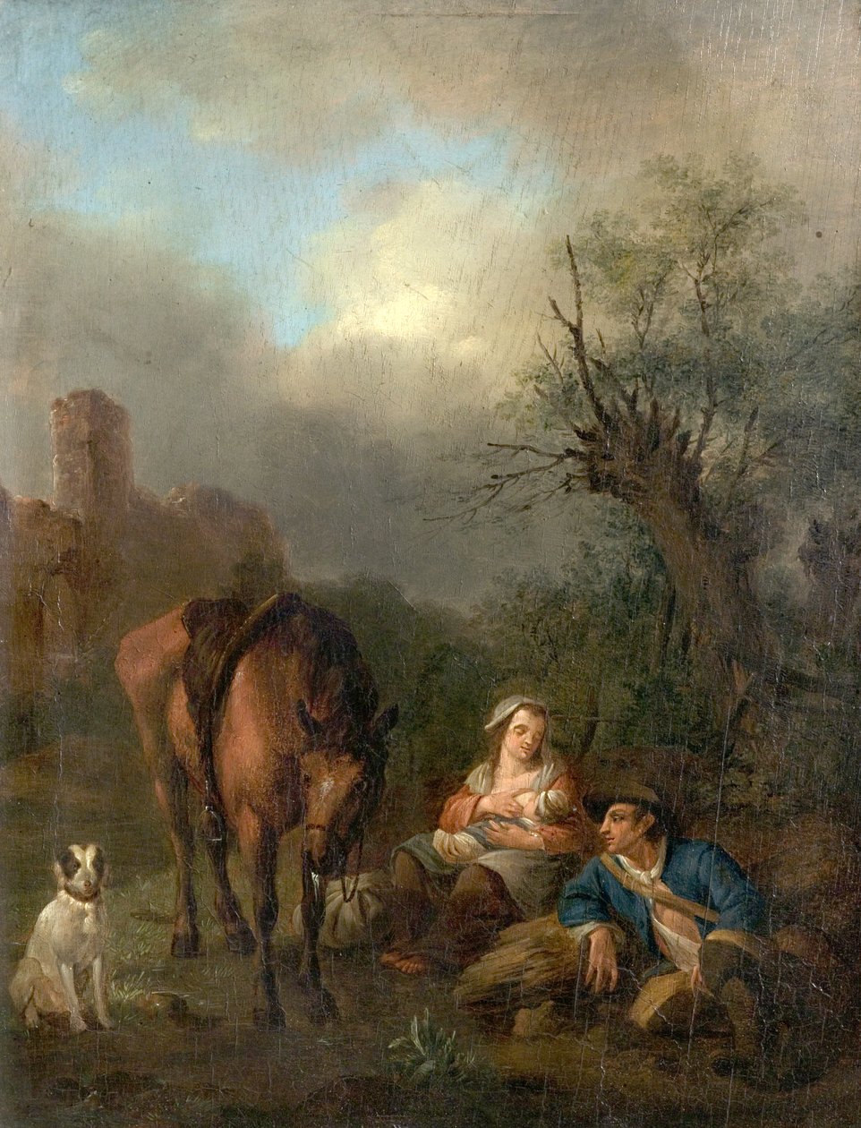 Landskap med figurer, en hest og en hund av Jan Hackaert