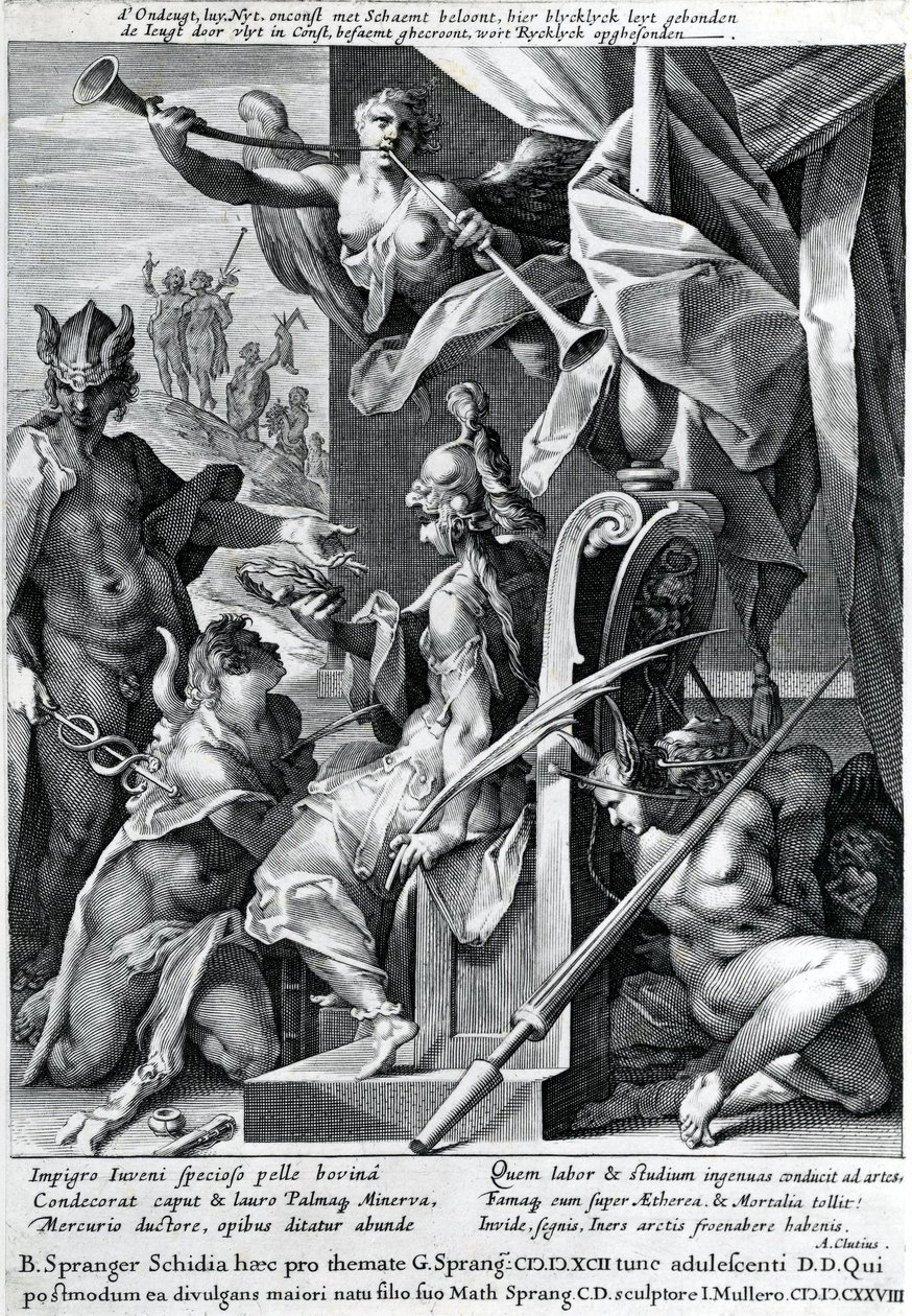 Mercury og Minerva bevæpner en helt med et okseskinn og en laurbærkrans, 1604 av Jan Harmensz Muller