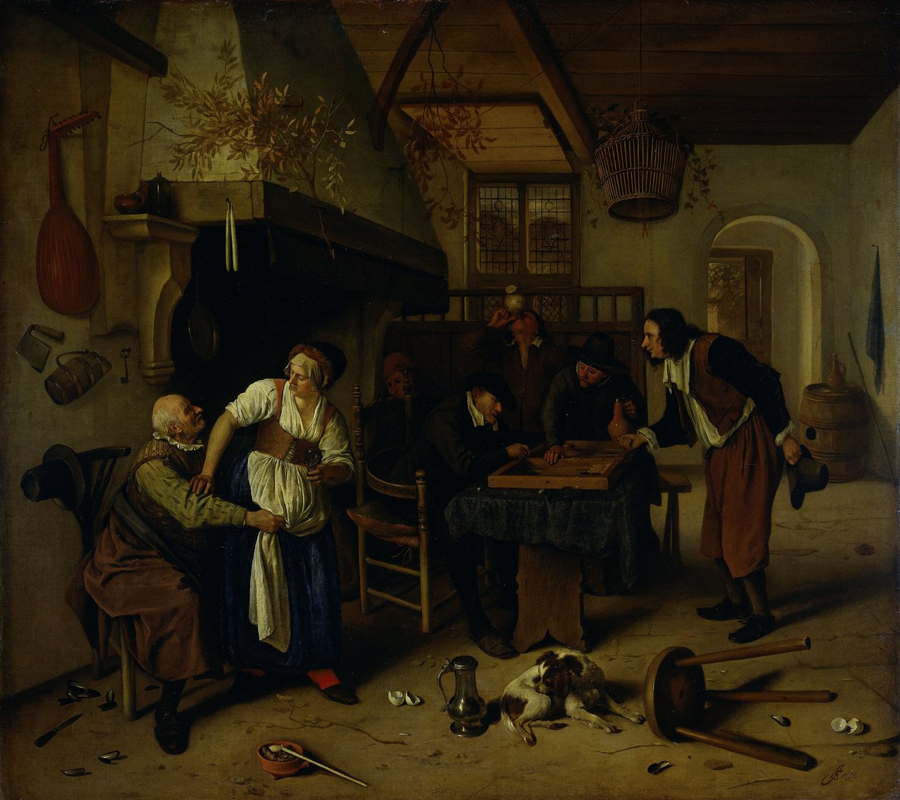 Interiør i et vertshus med en gammel mann som morer seg med utleieren og to menn som spiller backgammon, kjent som "To typer spill" av Jan Havicksz. Steen