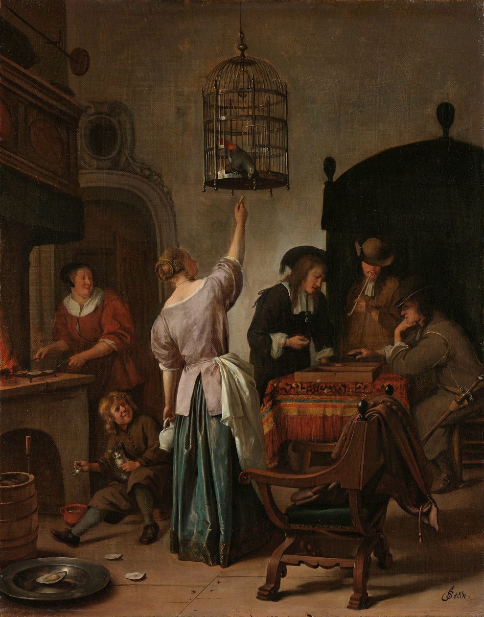 Interiør med en kvinne som mater en papegøye, kjent som "Papegøyeburet" Interiør med en kvinne som mater en papegøye av Jan Havicksz. Steen