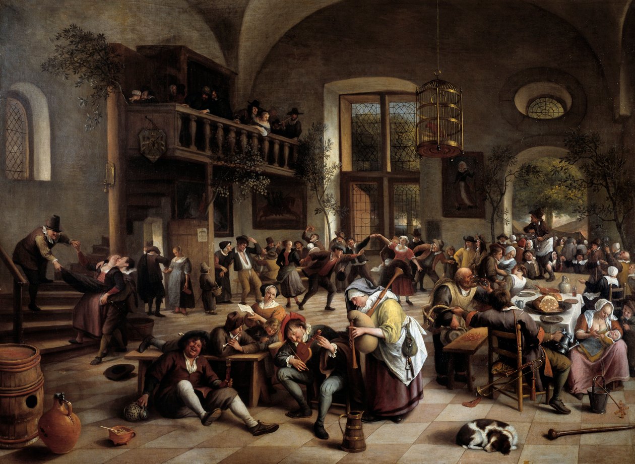 Fest i et vertshus Musikere, spillere, menn og kvinner av drikkende mennesker - Maleri av Jan Havicksz (Havicksz) Steen (1626-1679) av Jan Havicksz. Steen