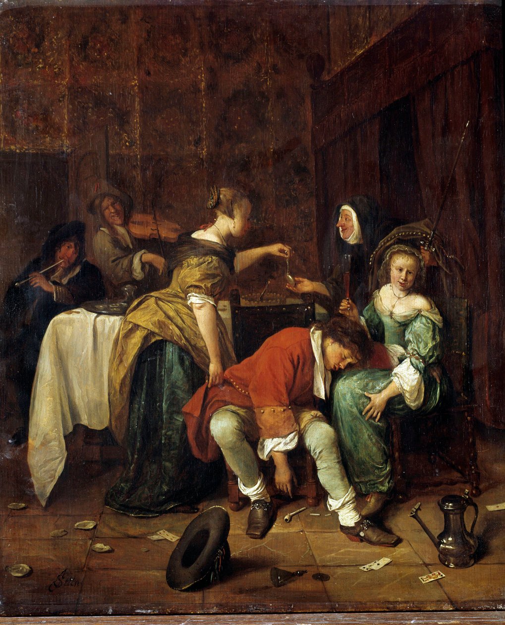 Det dårlige selskapet. maleri av Steen Jan Havicksz (1626-1679) (H S/TRE 0,41 X 0,35). av Jan Havicksz. Steen