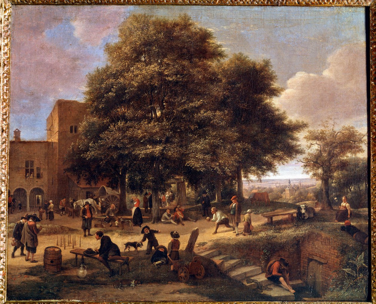 Spillet bowling Gruppe bønder som leker og hviler i et gårdstun. Maleri av Jan Steen (1626-1679) av Jan Havicksz. Steen