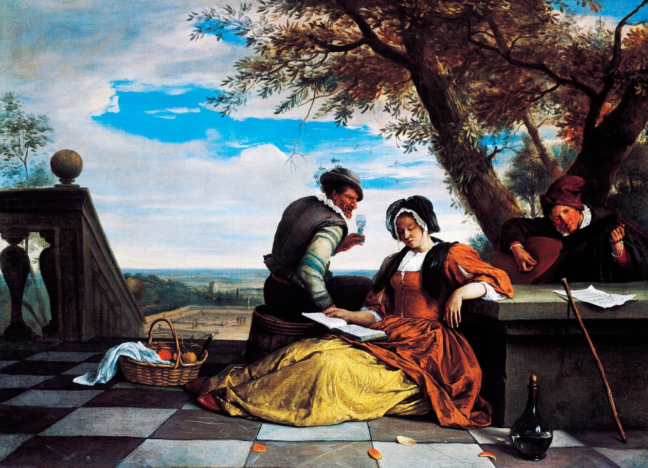 To menn og ung kvinne lager musikk på terrassen av Jan Havicksz. Steen
