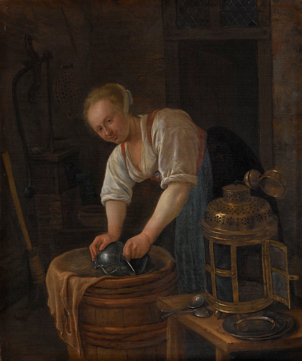 Kvinne som skurer metallvarer av Jan Havicksz. Steen