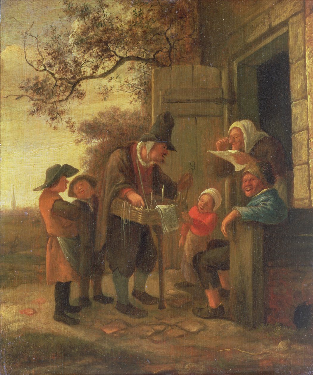 En pedeller som selger briller utenfor en hytte, ca. 1650-53 (panel) av Jan Havickszoon Steen
