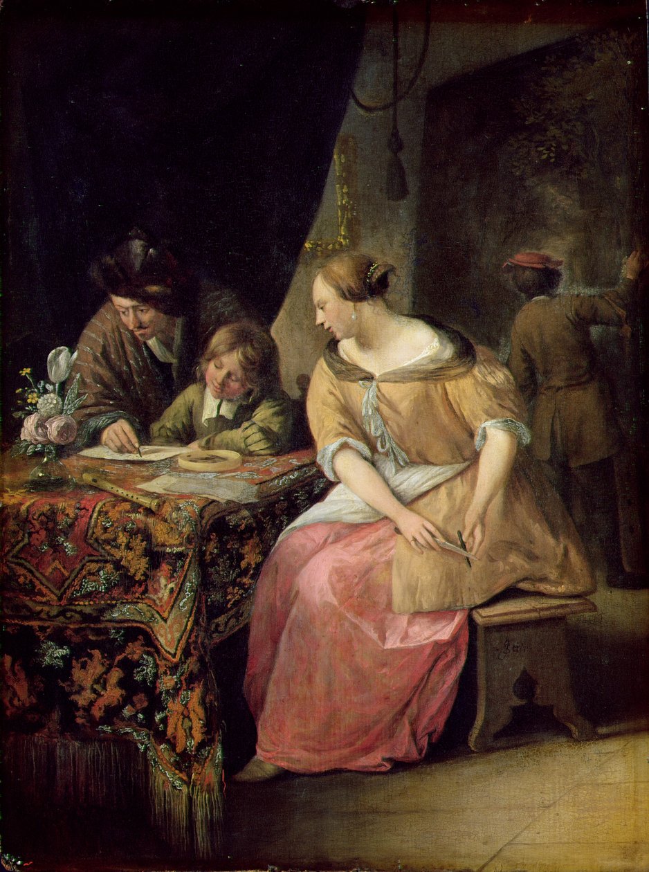 Interiør med en maler og hans familie, ca. 1670 (panel) av Jan Havickszoon Steen