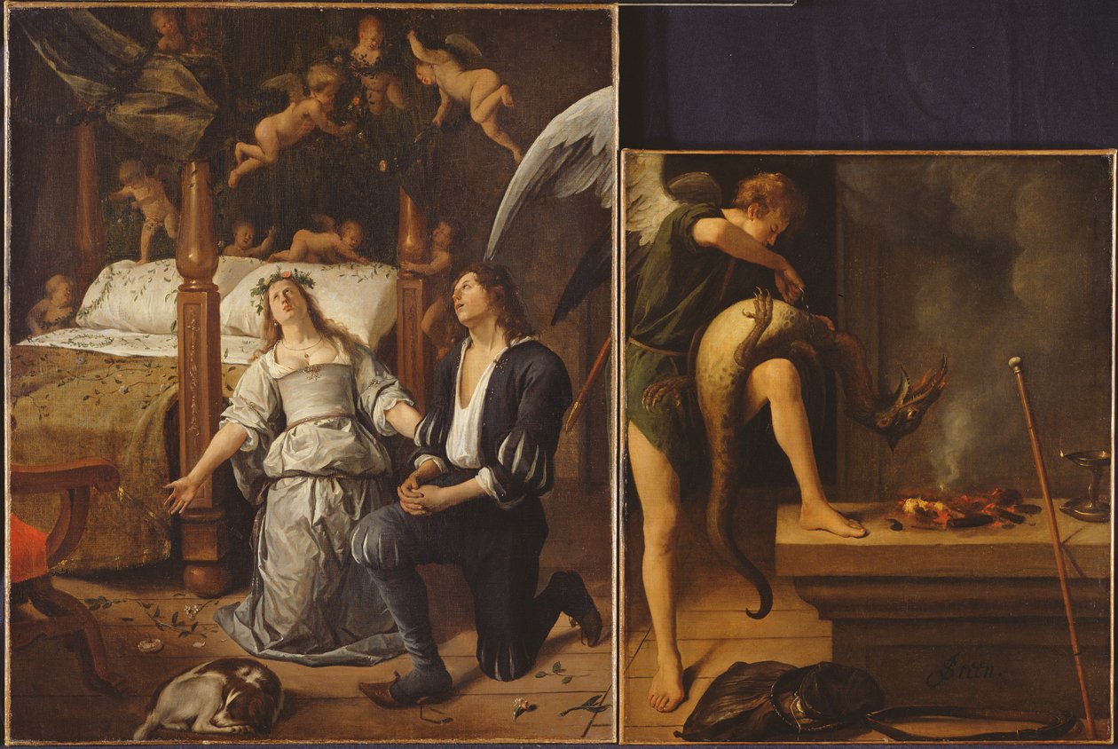 Tobias og Sarah med erkeengelen Raphael som driver ut demonen Asmodeus, satt sammen igjen fra to adskilte fragmenter (for restaurert versjon se 85367) av Jan Havickszoon Steen