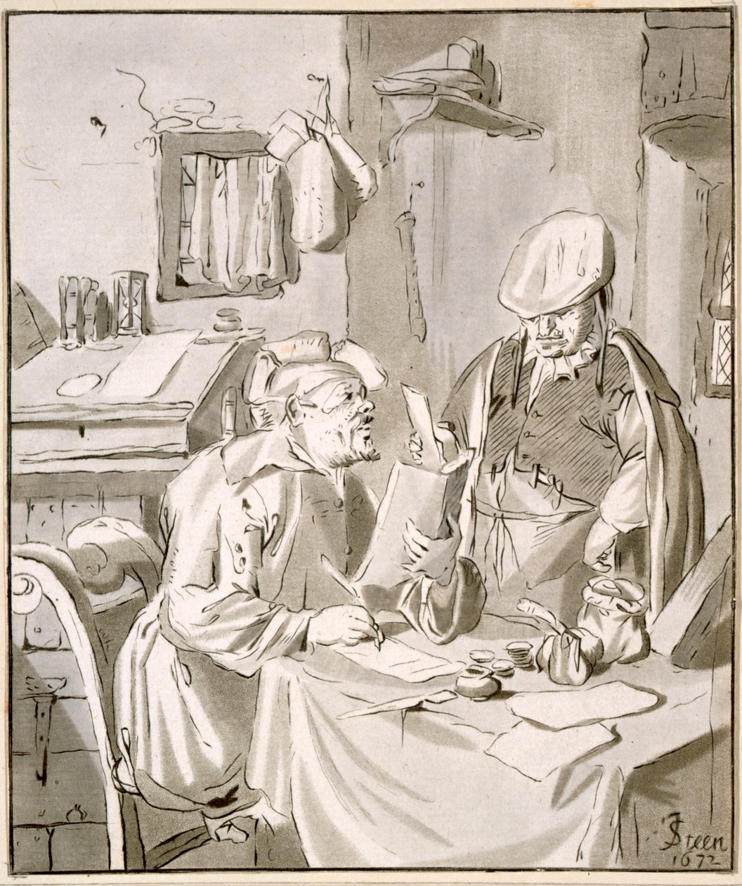 To menn som diskuterer penger på et kontor, 1672, kopiert av Cornelis Ploos van Amstel (1726-98) eller Christian Josi (ca. 1765-1828) av Jan Havickszoon Steen