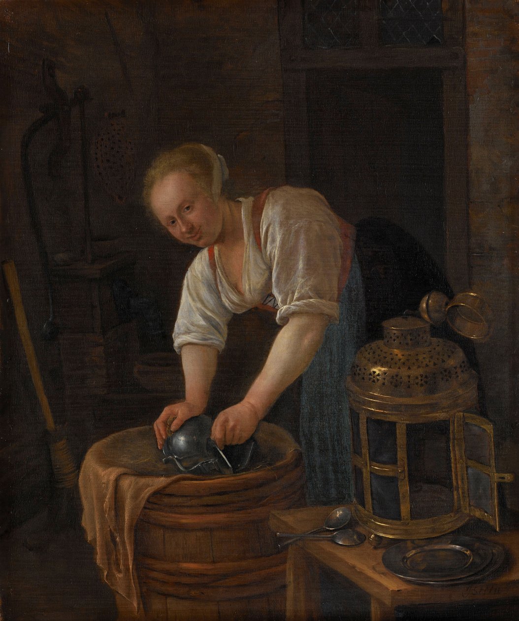 Kvinne som skurer metallvarer, 1650-60 av Jan Havickszoon Steen