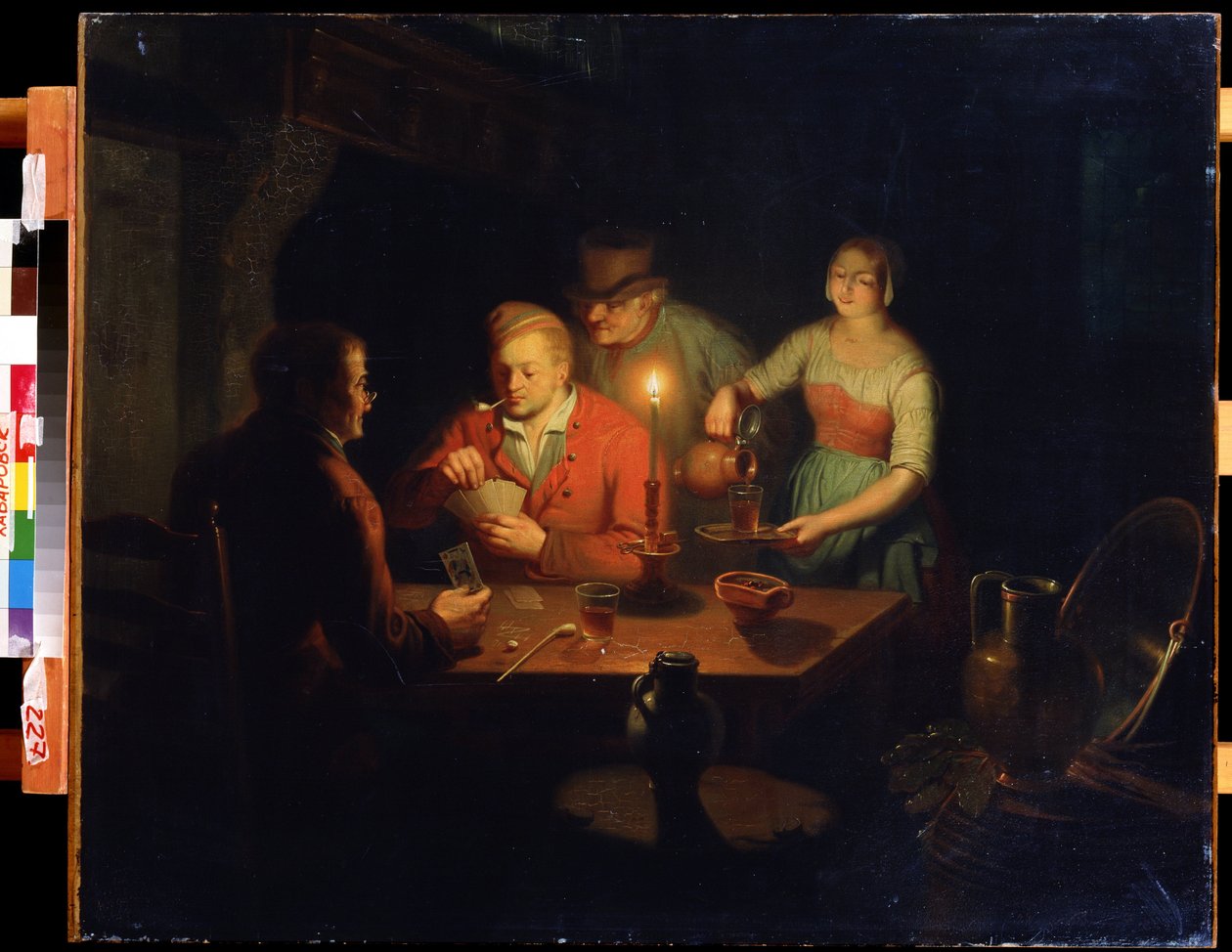 Kortspill. Maleri av Jan Hendrik van Grootveld (1808-1855). Olje på tre, 70 x 93 cm, nederlandsk kunst fra 1800-tallet. Far Eastern Museum, Khabarovsk (Russland). av Jan Hendrick van Grootvelt