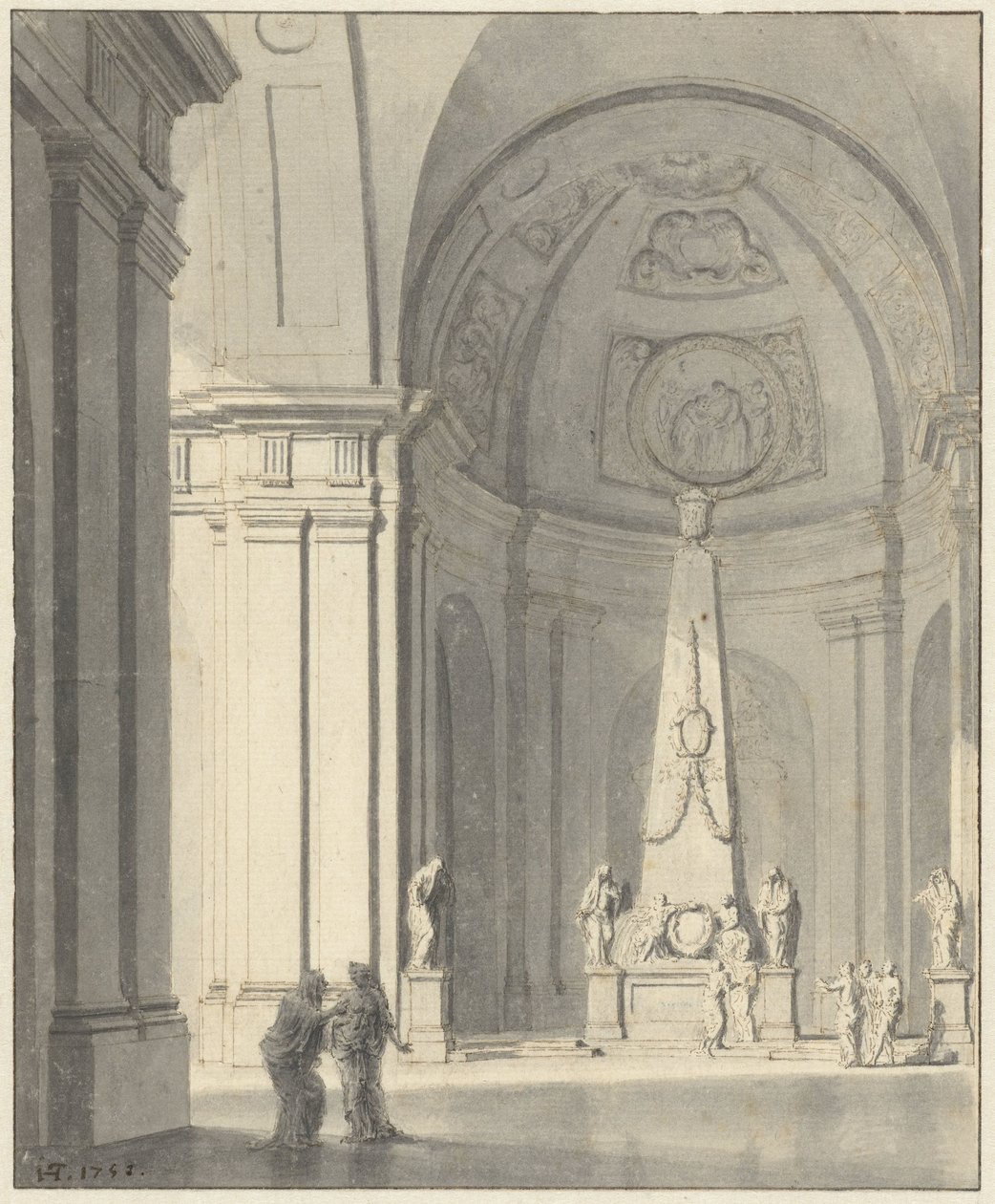 Stor hvelvet hall med et gravmonument av Jan Hendrik Troost van Groenendoelen