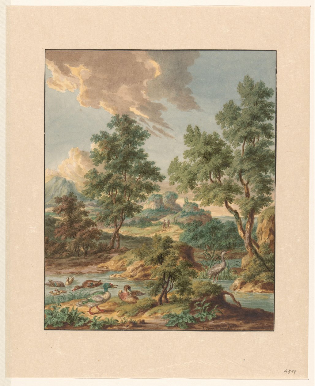 Landskap med vannfugler i et basseng av Jan Hendrik Troost van Groenendoelen