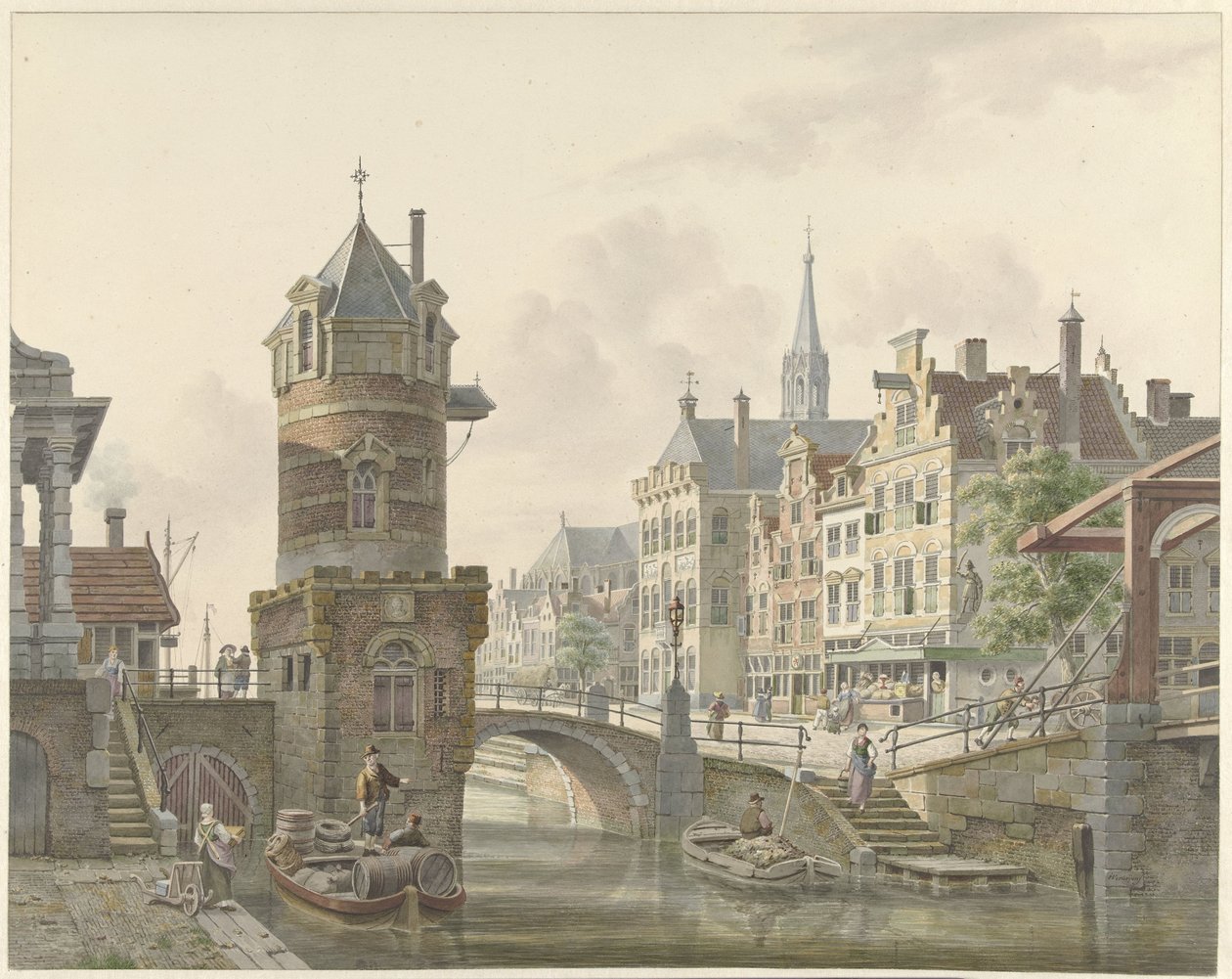 Kanal i en by med et tårn ved en steinbro av Jan Hendrik Verheijen