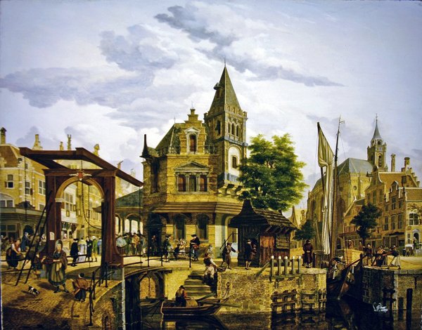 En nederlandsk gatescene langs en kanal av Jan Hendrik Verheyen