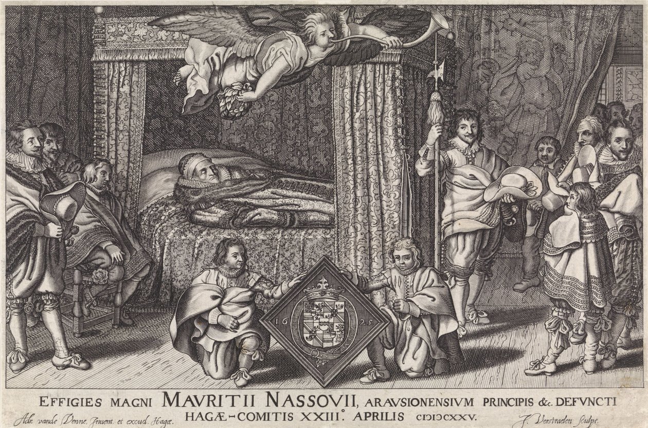 Paradebed van Prins Maurits, 1625 Skulpturer av den store Maurice Nassouii, prinsen av Arausion, etc. av avdøde Hague-Comitis XXIII april 1825 (tittel på objekt) av Jan Hendriksz. Verstraelen