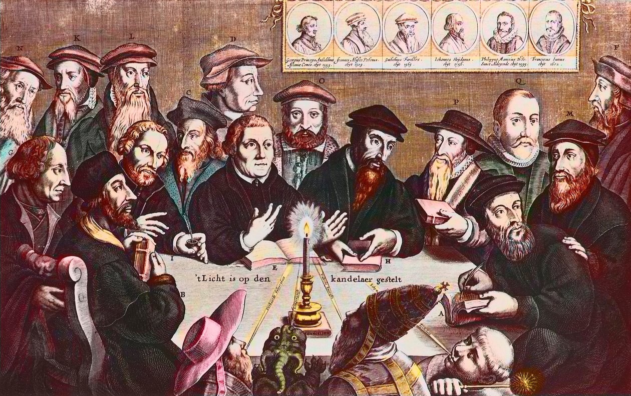 Lyset er plassert på lysestaken - Gravering av Jan HOUWENS som viser reformatorene - John Calvin og Martin Luther Imaginary Meeting of Reformist Leaders: John Wyclif (eller Wycliff eller Wycliffe av Jan Houwens