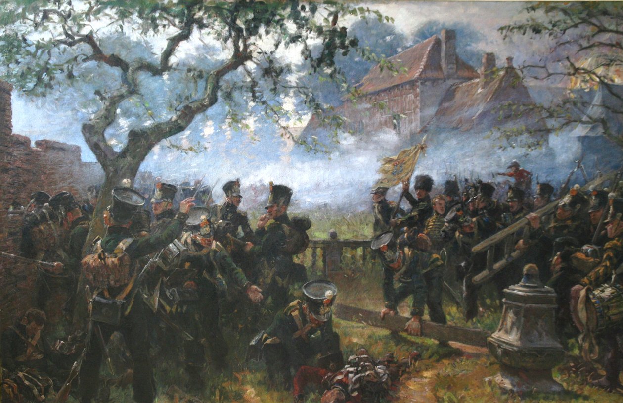 Nassau-tropper ved Hougoumont under slaget ved Waterloo av Jan Hoynck van Papendrecht