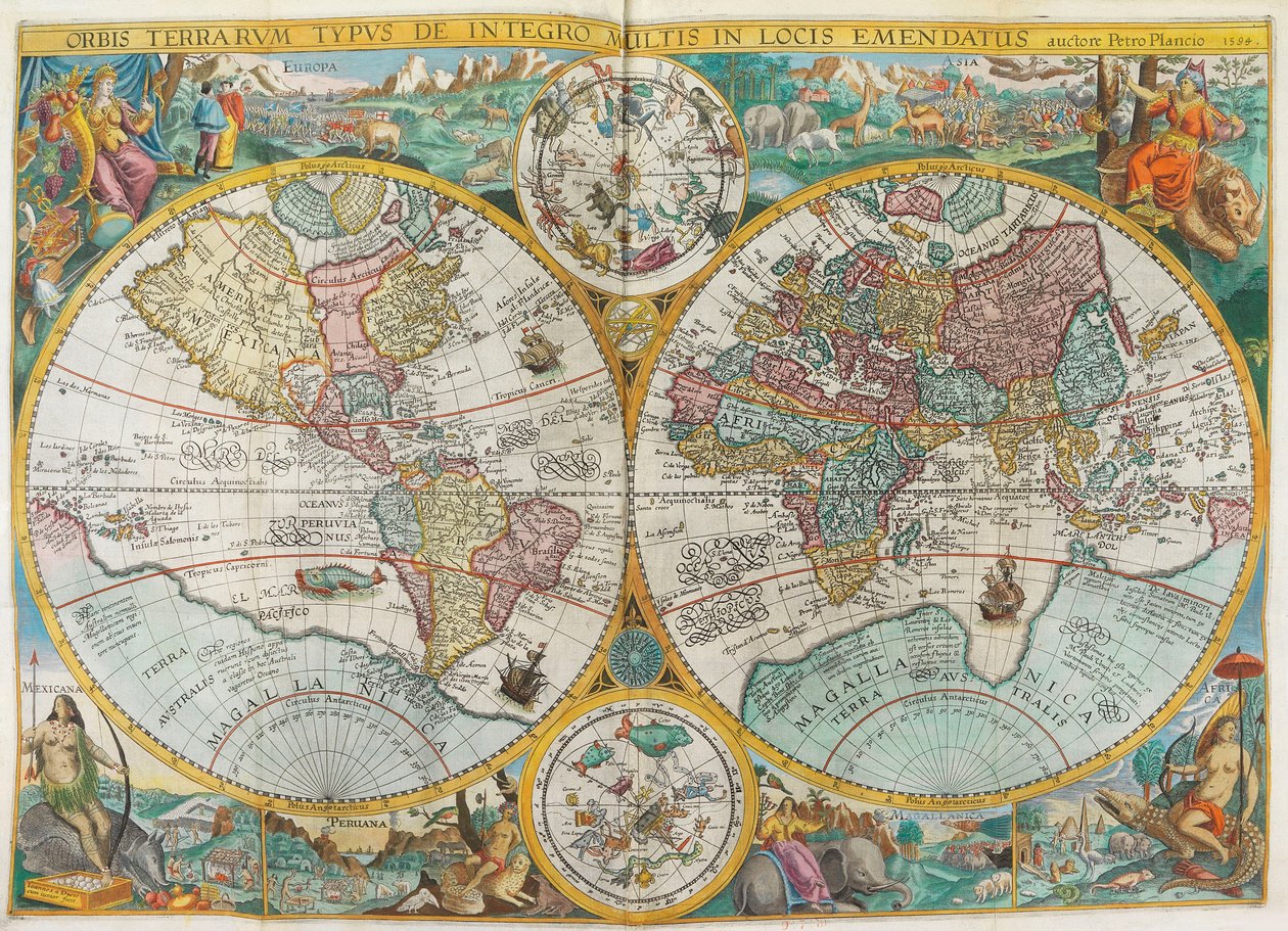 Itinerarium. Verdenskart med kostymer, innfødte, skip, planter og dyr, 1644. av Jan Huygen van Linschoten