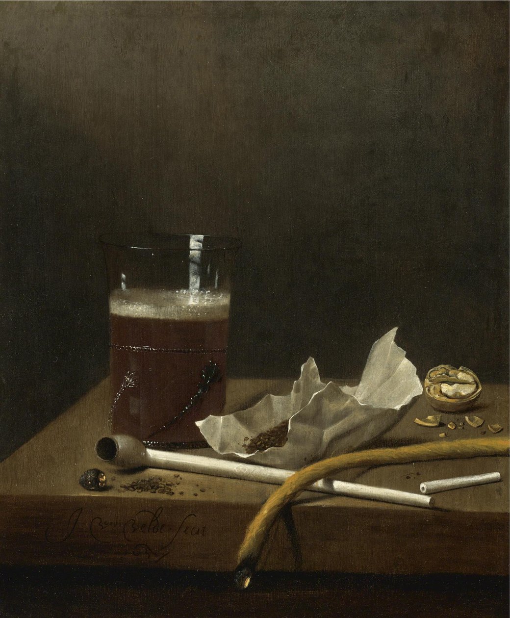 Stilleben med et glass øl, en pipe, tobakk og andre rekvisitter for røyking, 1658 av Jan III van de Velde