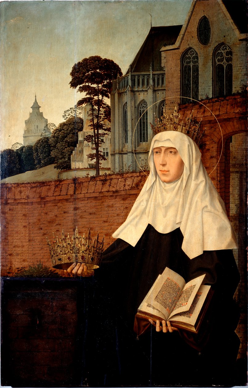 Saint Elizabeth of Portugal kjent som Saint Isabella of Aragon (1271-1336) Detalj. Maleri på tre av Jan Provost (ca. 1465-1529) Dim. 140x90 cm Genes, Galleria di Palazzo Bianco av Jan II Provost