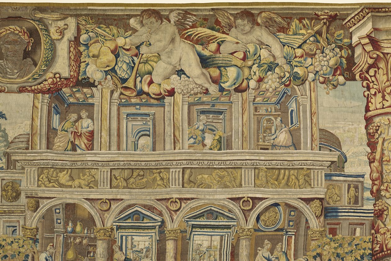 Detalj av palasset og musikerengel fra Vertumnus og Pomona, ca. 1630 av Jan II Raes