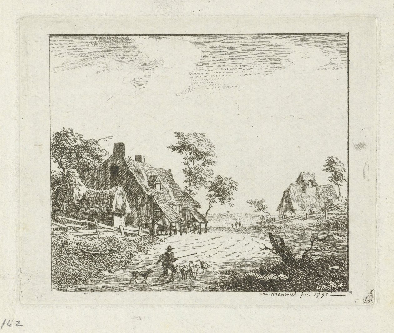 Landskap med gjeter og sauer på to gårder av Jan Izaak van Mansvelt