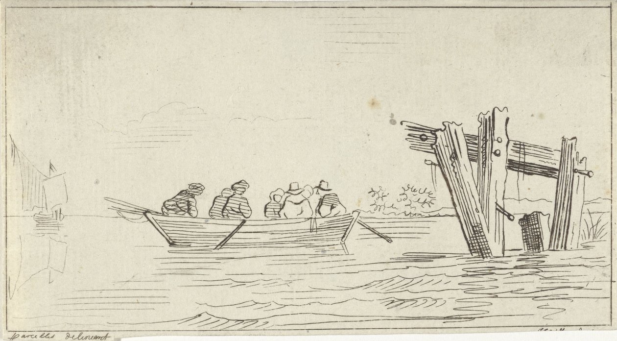 Robåt med figurer på en elv av Jan Izaak van Mansvelt