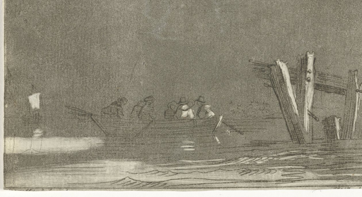 Robåt med figurer på en elv av Jan Izaak van Mansvelt