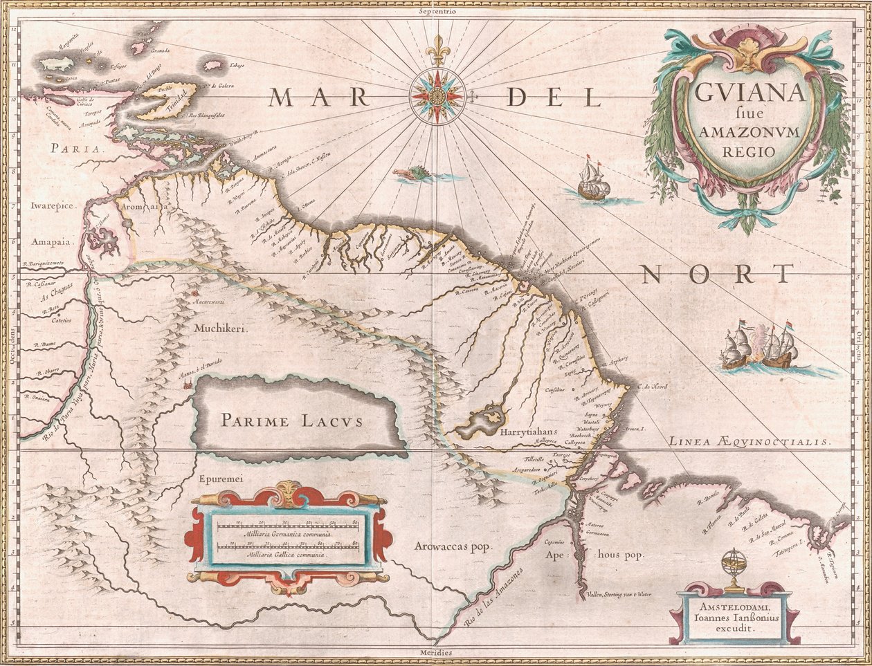 Et kart laget rundt 1649 som viser Guyana-regionen. Territorium hevdet av Spania i rødt i vest, Nederlandsk Guyana uthevet i gult og portugisisk territorium i rødt mot sørøst. Den mytiske innsjøen Parime er også synlig av Jan Janssonius