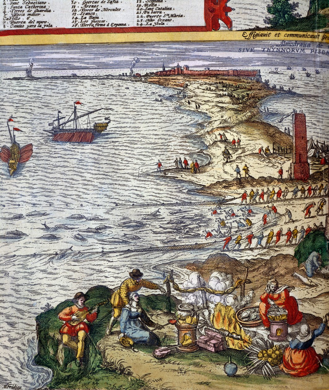 Fiskescene og tilberedning av fisk i havnebyen Cadiz av Jan Janssonius