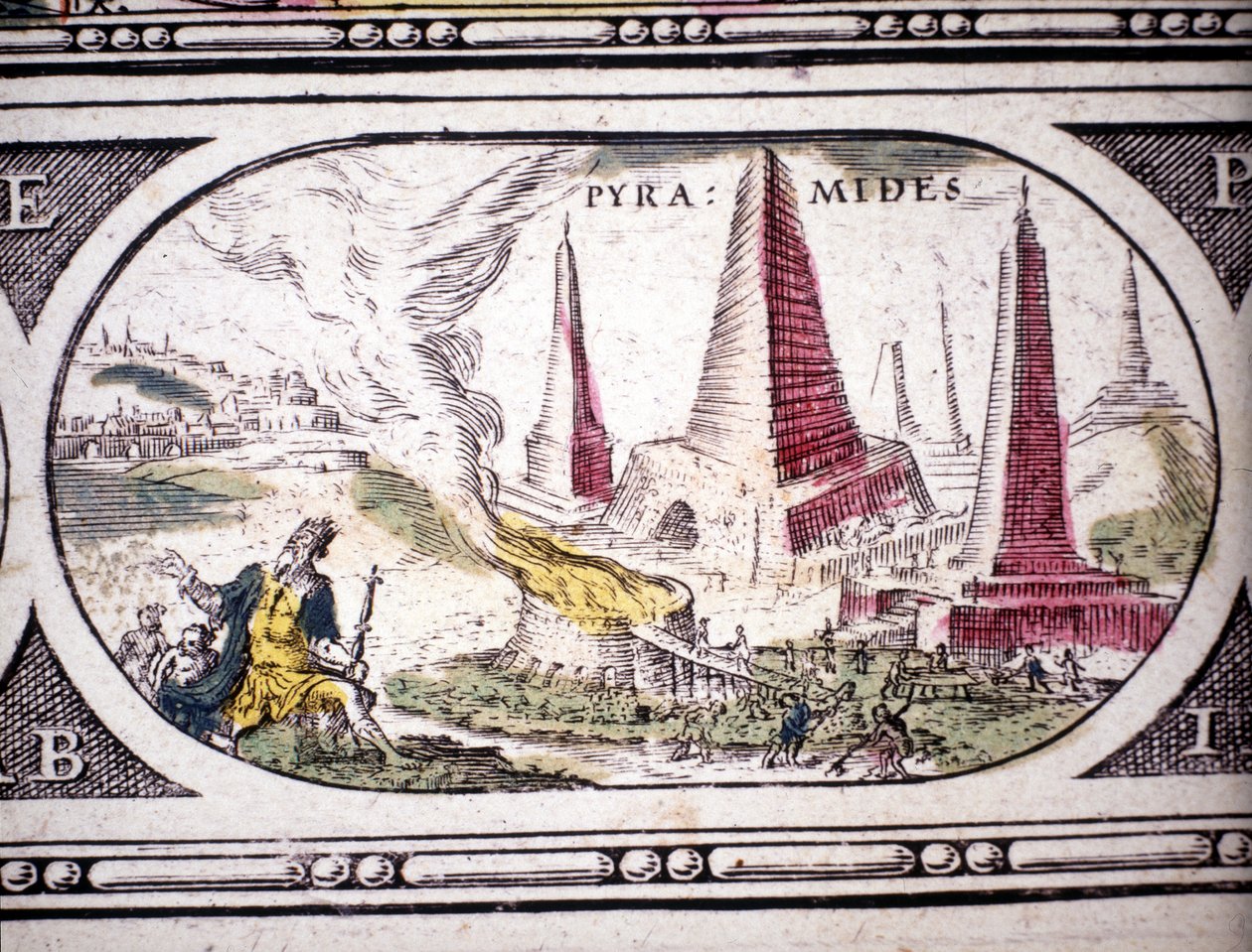Representasjon av antikkens syv underverker: Pyramidene i Egypt. i Atlas of Jansson Janssonius trykt i Amsterdam i 1630. Privat samling. av Jan Janssonius