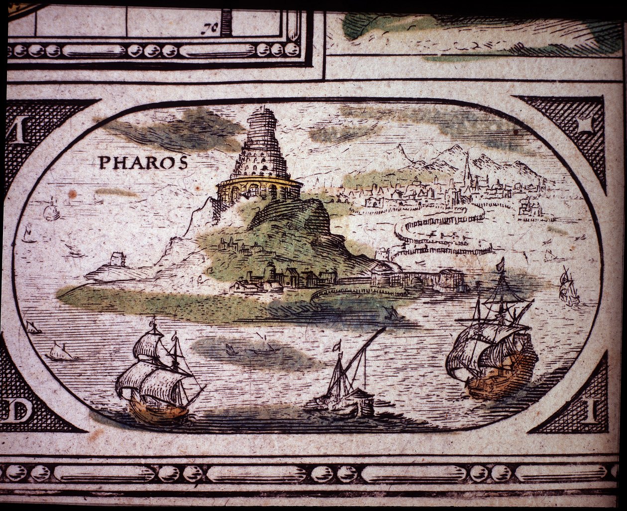 Representasjon av antikkens syv underverk: fyrtårnet i Alexandria. i Atlas av Jansson Jannsonius trykt i Amsterdam i 1630 av Jan Janssonius