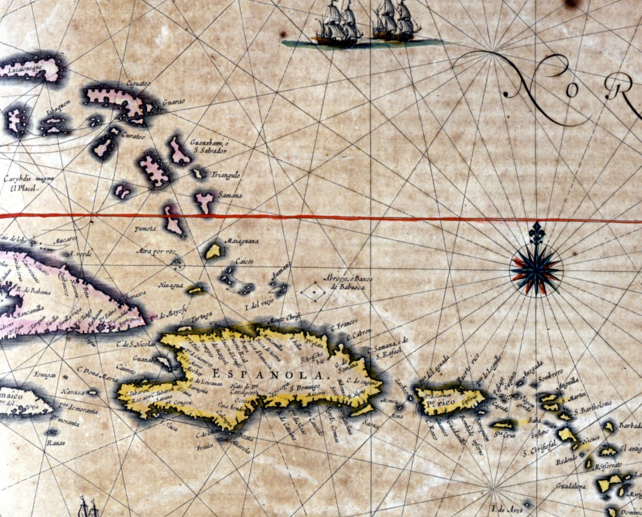 Karibien og skilpaddeøya (nordvest for Santo Domingo) på et kart av den nederlandske kartografen Jansson Janssonius. 17. århundre av Jan Janssonius