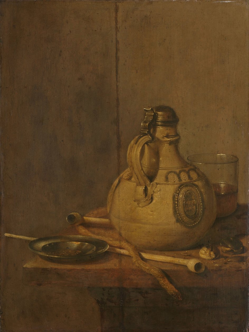 Stilleben med steintøymugge og rør av Jan Jansz. Treck