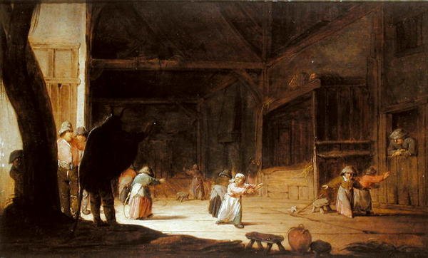 En maskerader som skremmer barn i en låve av Jan Jansz van Buesem