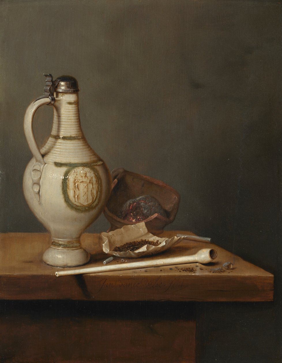Stilleben med steintøysmugge og pipe, midten av 1650-tallet (olje på panel) av Jan Jansz. van de Velde