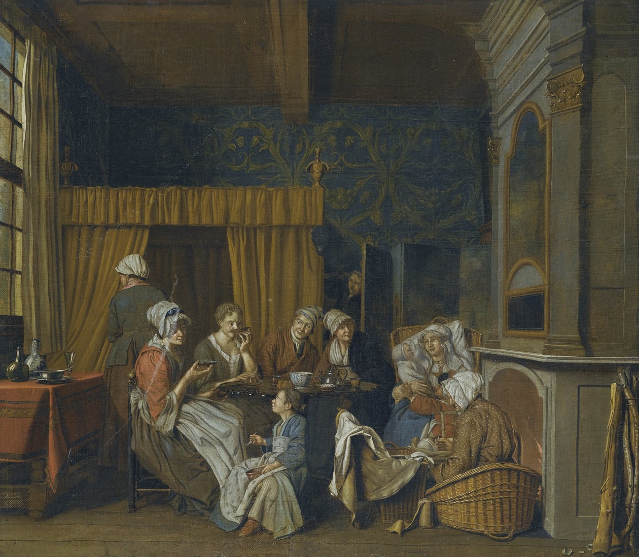 En familie som tar te mens de feirer tvillingenes fødsel av Jan Josef Horemans the Younger