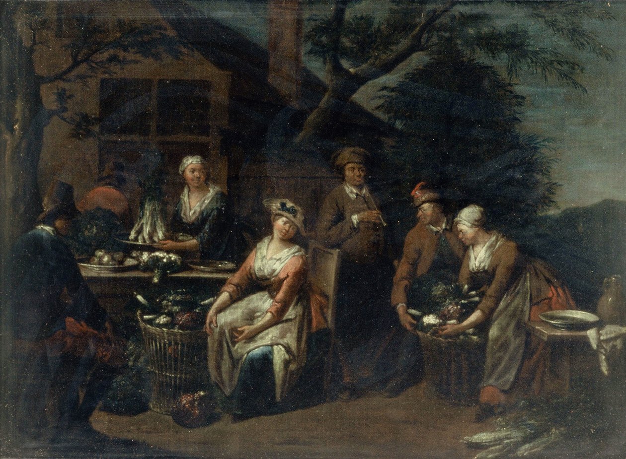En gruppe bønder, grønnsaker og frukt av Jan Josef the Elder Horemans