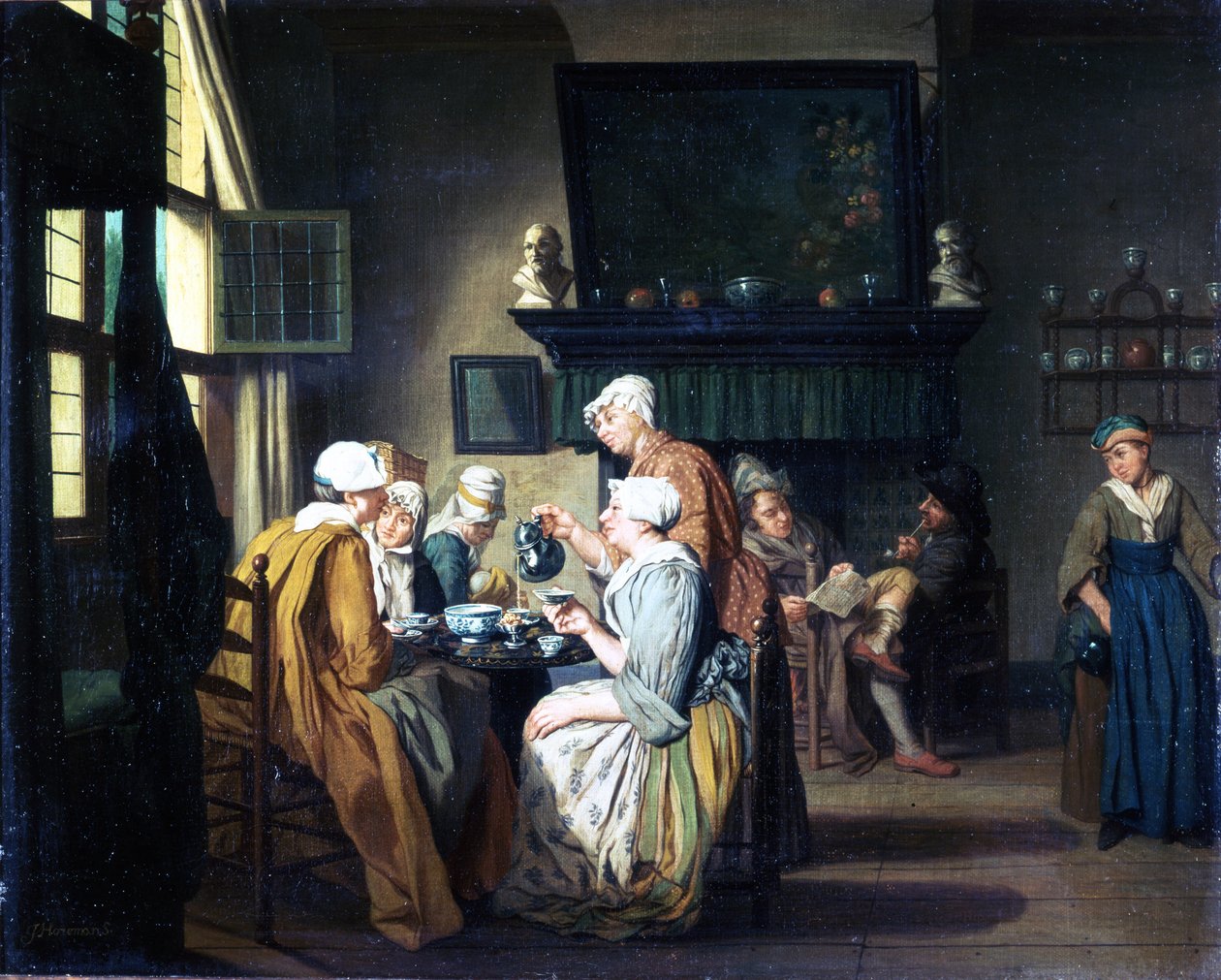 Borgerlig interiør med damer som drikker te, en mann som leser ved peisen av Jan Josef the Elder Horemans