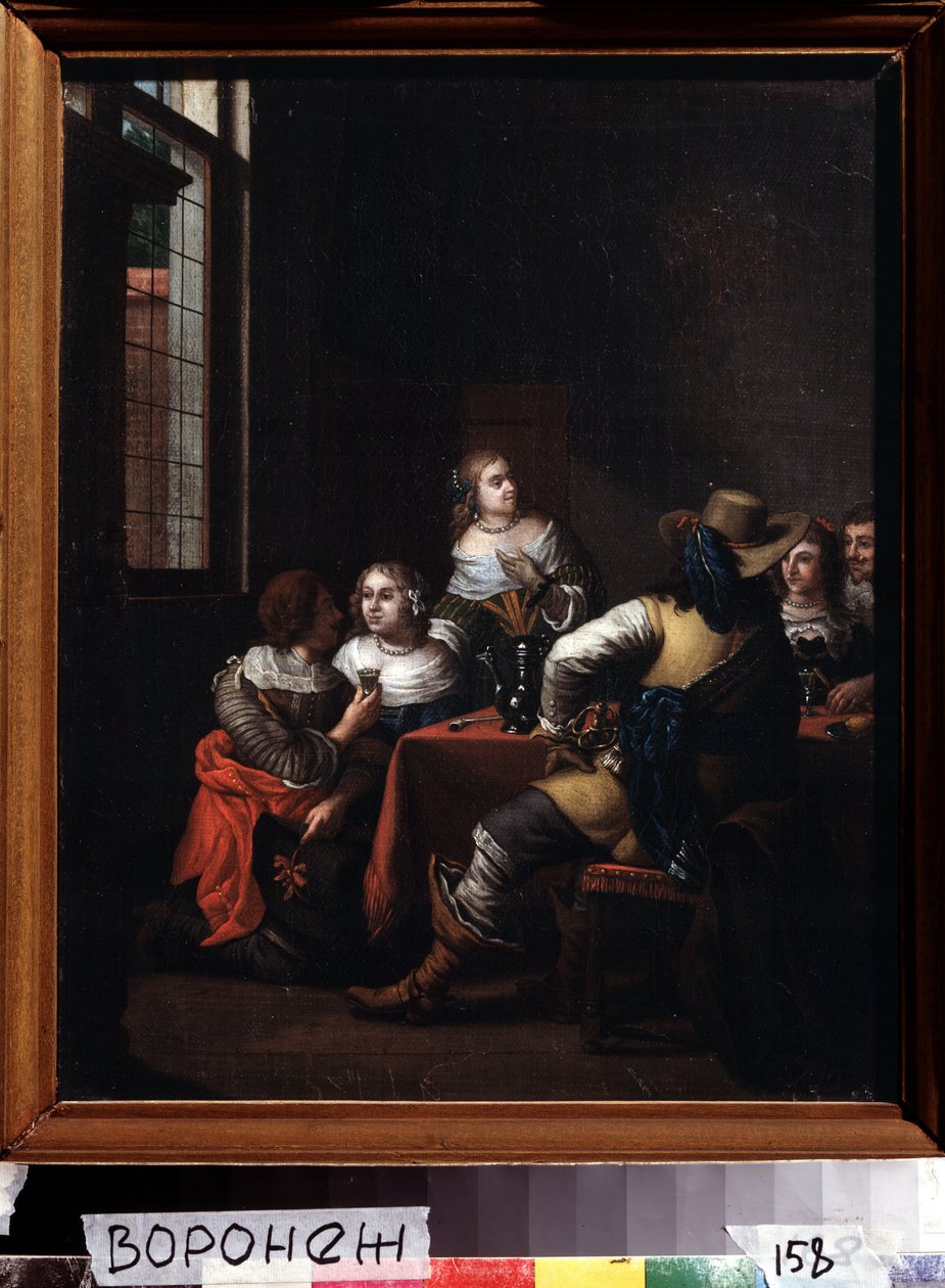 ""Les festivites"" (The merrymeeting) gruppe ryttere og damer samlet gladelig rundt et bord. Maleri av Jan Joseph Horemans den eldste (1682-1759) Ivan Kramskoy (eller Kramskoi) kunstmuseum fra 1700-tallet i Voronezh (Voronezh), Russland. av Jan Josef the Elder Horemans