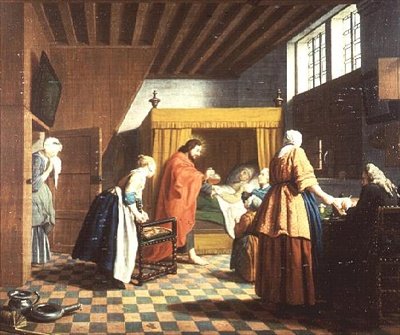Doktorens besøk - Et nederlandsk ordtak: Doktoren er avbildet som Kristus (en av et sett på fire) av Jan Josef the Elder Horemans