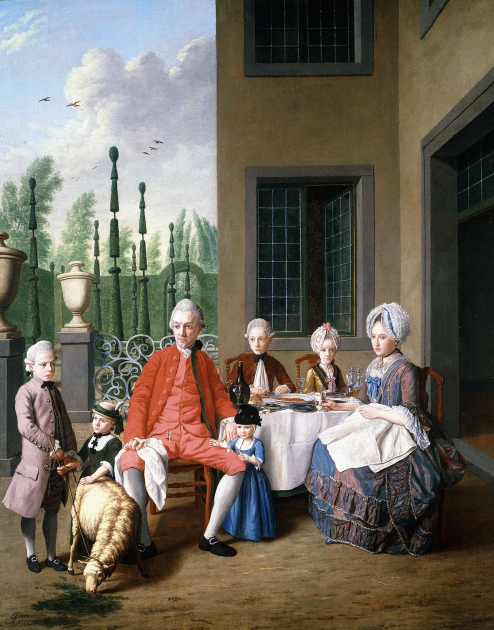 Gruppeportrett av van den Bosch-familien, servering ved et hus, en topiary Garden Beyond, 1777 av Jan Josef the Younger Horemans
