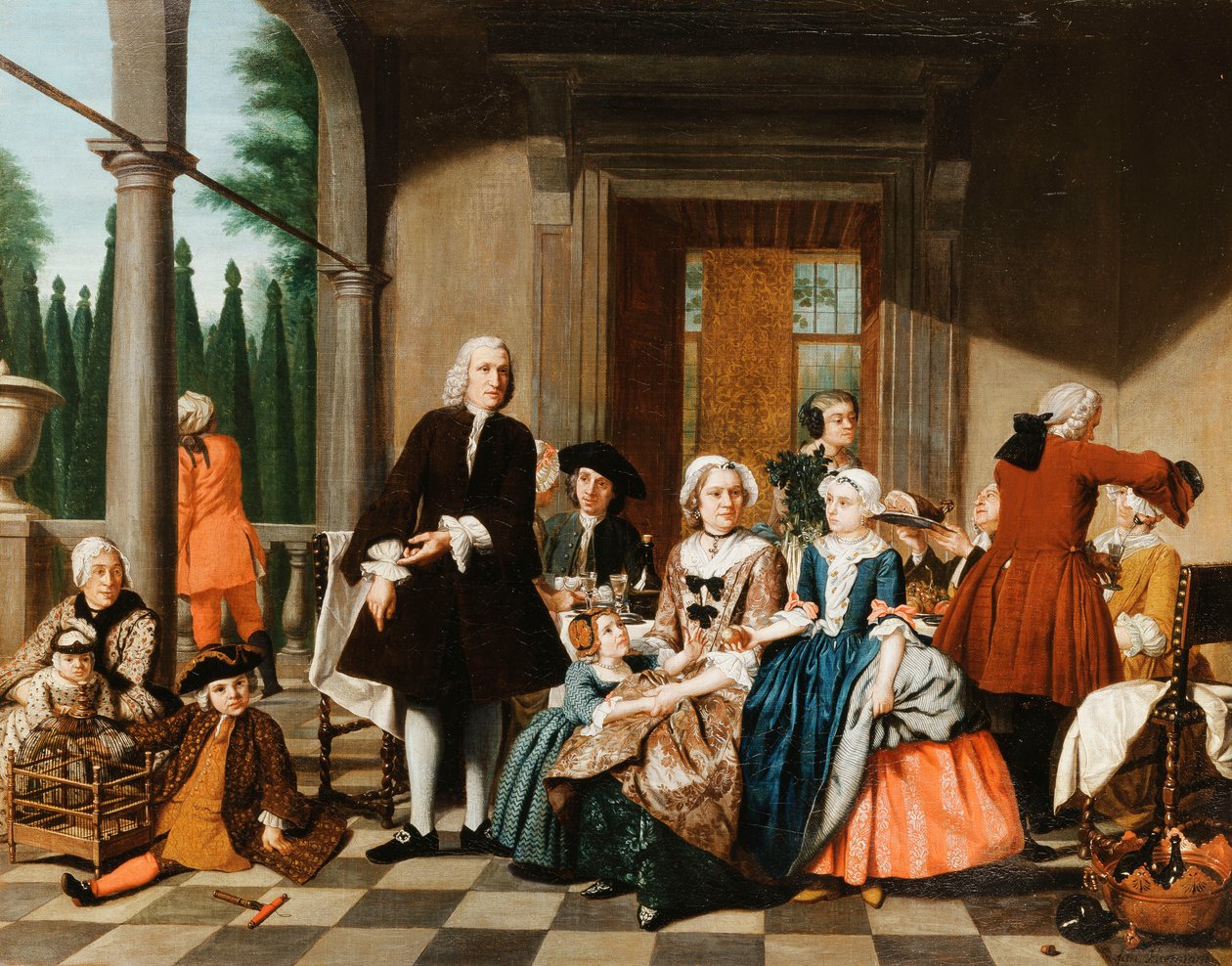 Portrett av en familie som spiser på en portiko, en formell hage utenfor, 1747 av Jan Josef the Younger Horemans