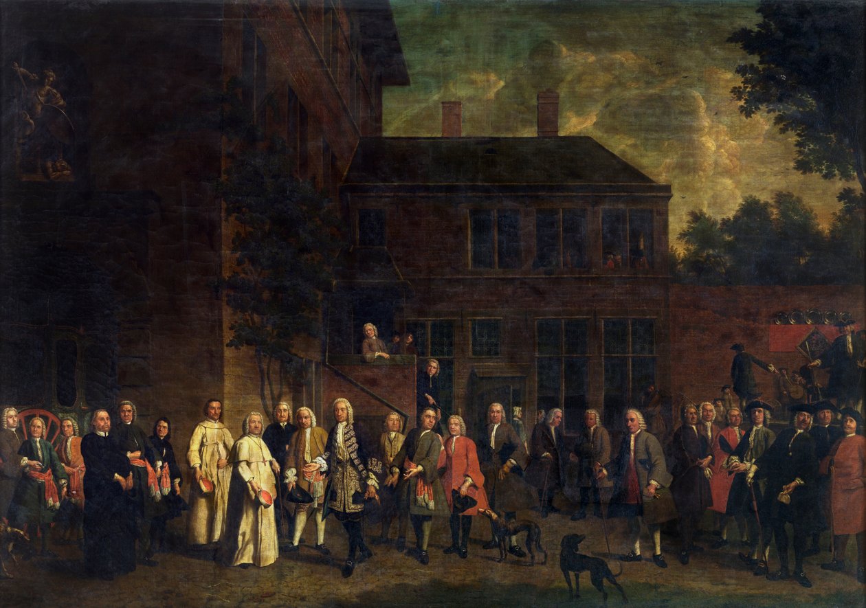 Medlemmene av fekterlauget ønsker abbeden av Sint-Michiels velkommen av Jan Josef the Younger Horemans