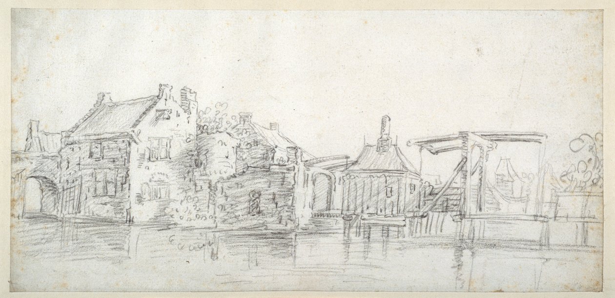 En kanal med bygninger, inkludert et bomhus og en bombro, ca. 1650 (svart kritt på hvitt papir) av Jan Josefsz. van (circle of) Goyen