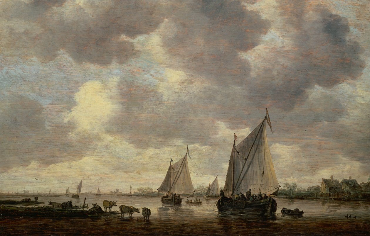 En kanal i Holland, eller to store seilskip og storfe nær en elv av Jan Josephsz van Goyen