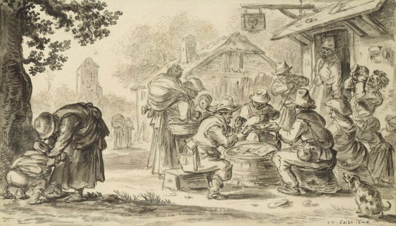 A Farmers Card Game foran vertshuset, 1624 (blyant, penn og blekk og pensel på papir) av Jan Josephsz van Goyen